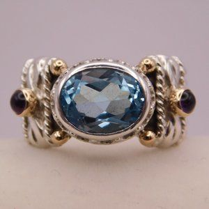 REVE 925 & 14K BLUE TOPAZ AND AMETHYST RING - SIZE 5.5